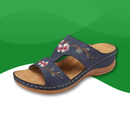 Orthopedic slides for women in blue with Japanese floral patterns.